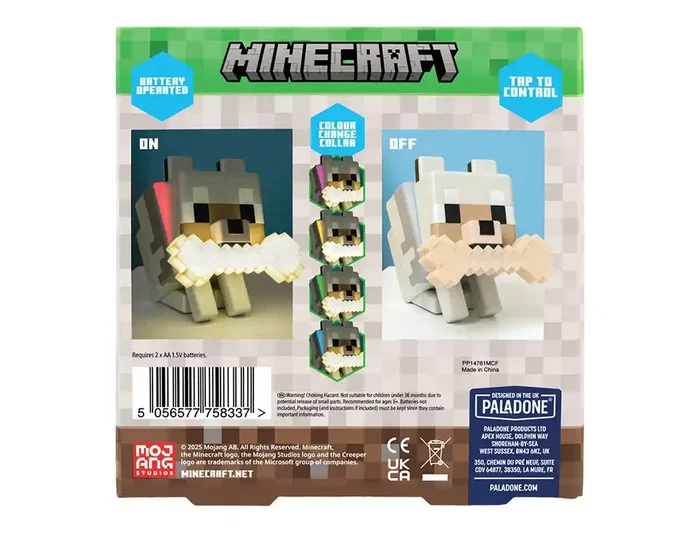 Wondee Minecraft GloBuddies Lámpara de Lobo Silicona, Luz Nocturna LED Figurita 3D 14.3 cm de Alto, Cambio de Color por Toque, 125x115x80 mm
