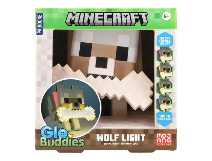 Wondee Minecraft GloBuddies Lámpara de Lobo Silicona, Luz Nocturna LED Figurita 3D 14.3 cm de Alto, Cambio de Color por Toque, 125x115x80 mm
