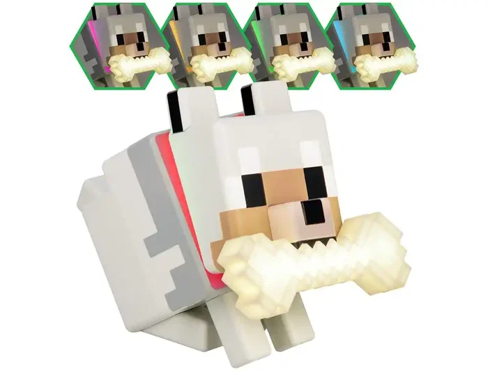 Wondee Minecraft GloBuddies Lámpara de Lobo Silicona, Luz Nocturna LED Figurita 3D 14.3 cm de Alto, Cambio de Color por Toque, 125x115x80 mm
