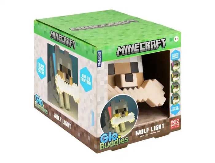 Wondee Minecraft GloBuddies Lámpara de Lobo Silicona, Luz Nocturna LED Figurita 3D 14.3 cm de Alto, Cambio de Color por Toque, 125x115x80 mm