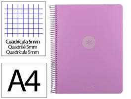 Antartik Cuaderno Espiral Micro A4 Tapa Foam 120 Hojas Cuadro 5mm 5 Bandas 4 Taladros Color Lavanda Papel 90g
