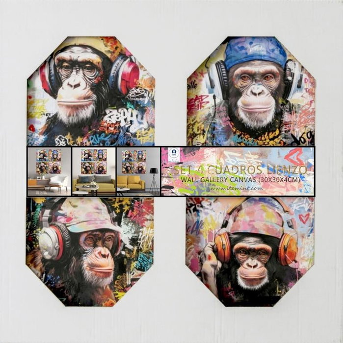 DKD Home Decor Set de 4 Cuadros de Lienzo MDF Mono Multicolor 30x30 cm DKD Home Decor Set de 4 Cuadros de Lienzo MDF Mono Multicolor 30x30 cm