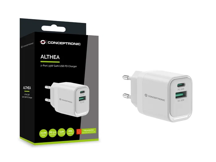 Conceptronic ALTHEA19W33 Cargador GaN de 33W con 2 Puertos USB-C y USB-A Blanco