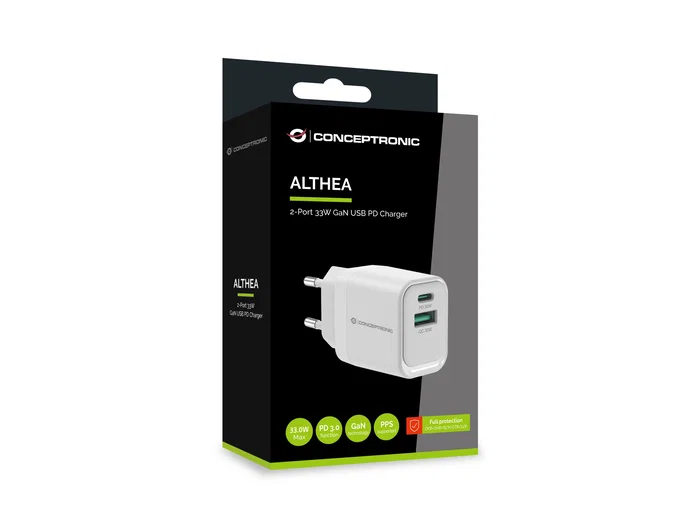 Conceptronic ALTHEA19W33 Cargador GaN de 33W con 2 Puertos USB-C y USB-A Blanco