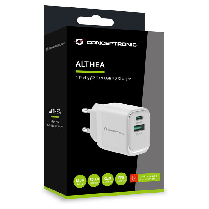 Conceptronic ALTHEA1933 Cargador de Pared 33W GaN USB-C y USB-A Blanco