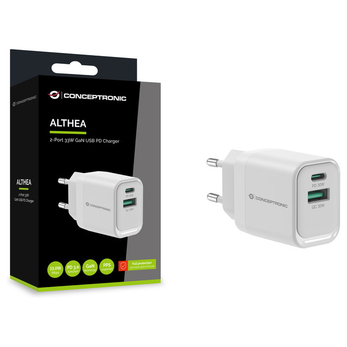 Conceptronic ALTHEA1933 Cargador de Pared 33W GaN USB-C y USB-A Blanco