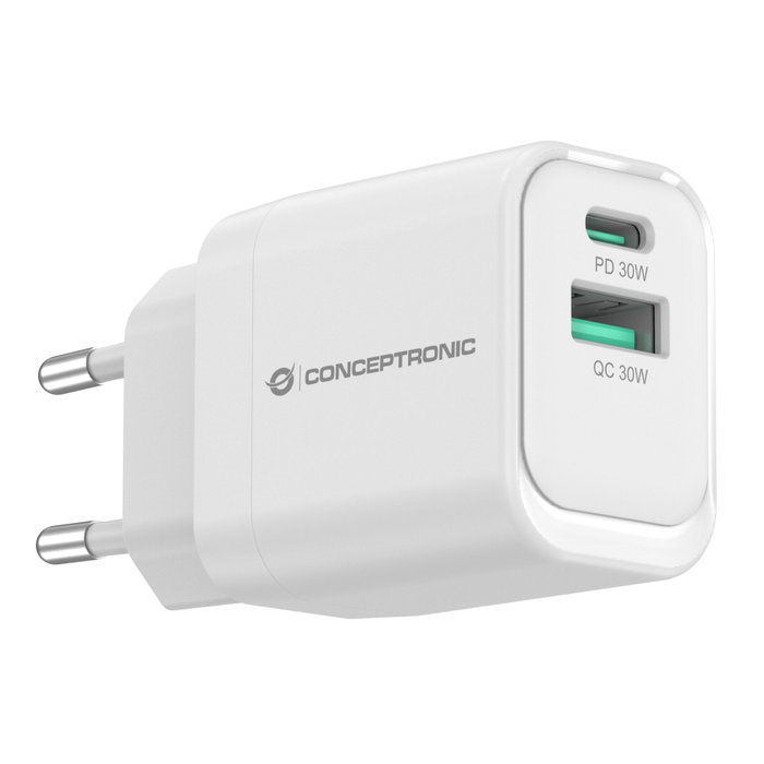 Conceptronic ALTHEA19W33 Cargador GaN de 33W con 2 Puertos USB-C y USB-A Blanco