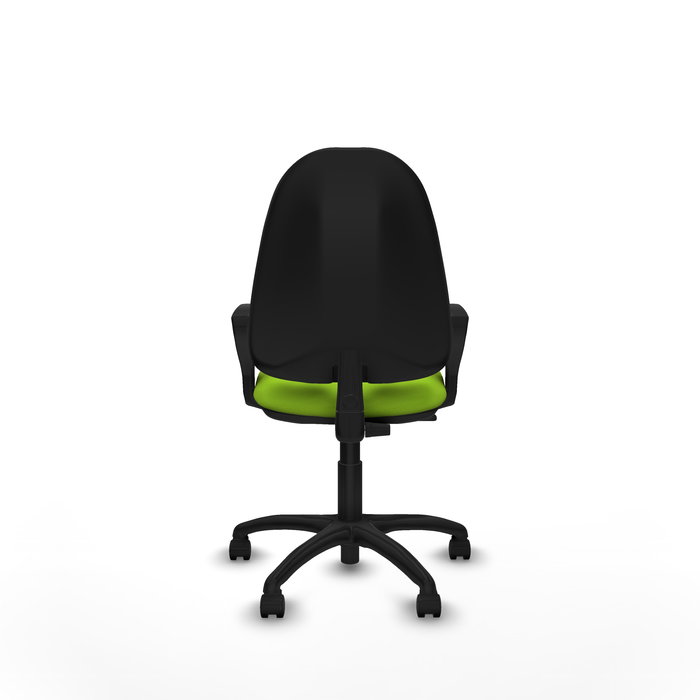 Silla de oficina Algarra con mecanismo Contacto permanente básico tapizada con Similpiel color Pistacho. Equipada con Base poliamida negra, Brazos fijos y Ruedas de nailon 50 mm