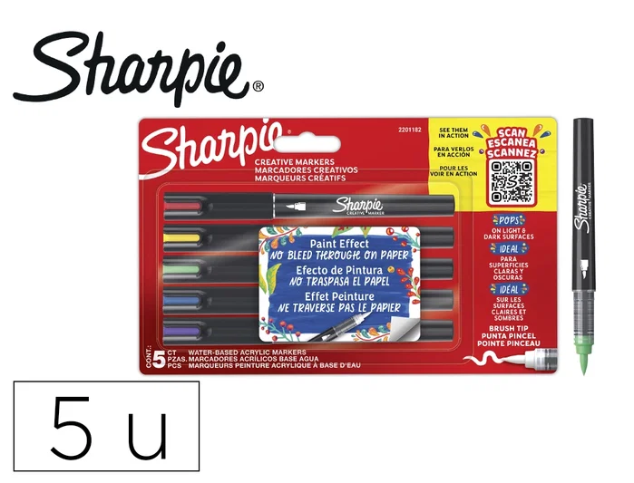 Sharpie Acrylic Rotuladores Punta Pincel Colores Surtidos (5 Unidades) de 5 piezas Sharpie Acrylic Rotuladores Punta Pincel Colores Surtidos (5 Unidades) de 5 piezas