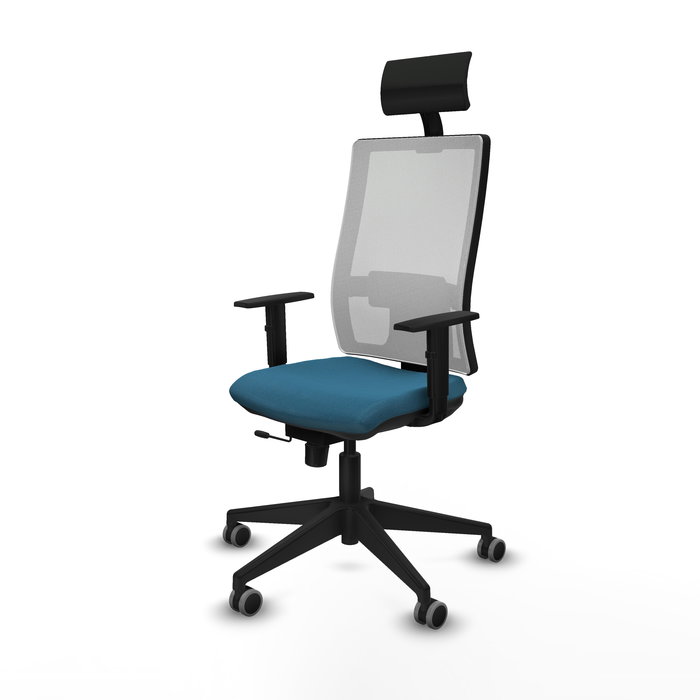 Silla de oficina Horna con mecanismo Sincro/Traslack tapizada con Tela color Verde petróleo y malla color Blanco. Equipada con lumbar 1D, Brazos 1D, Cabecero Fijo y Ruedas 65 mm parqué