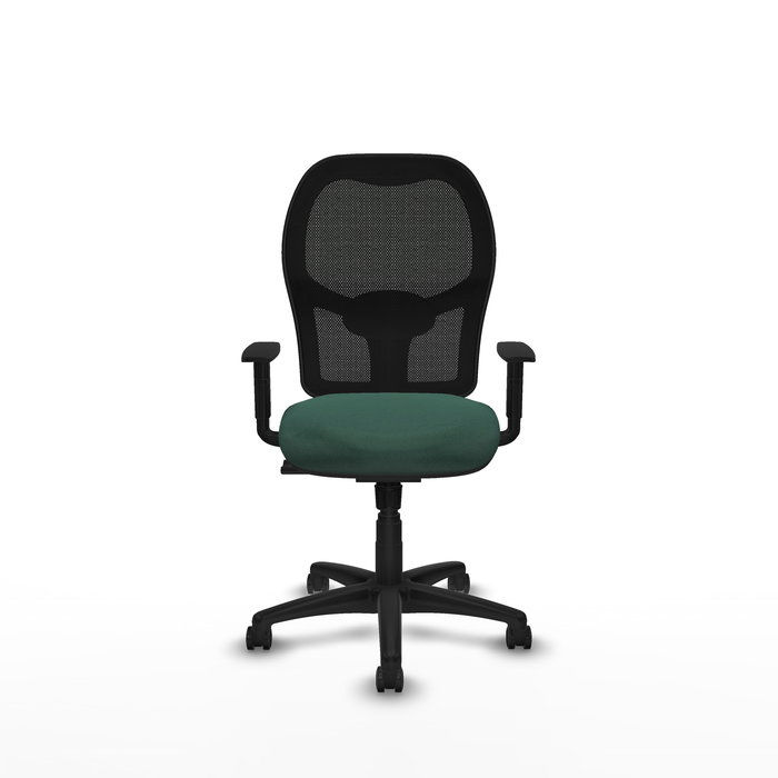 Silla de oficina Alocén con mecanismo Sincro tapizada con Tela color Verde botella y malla color Negro. Equipada con lumbar 1D, Brazos 1D y Ruedas de parqué