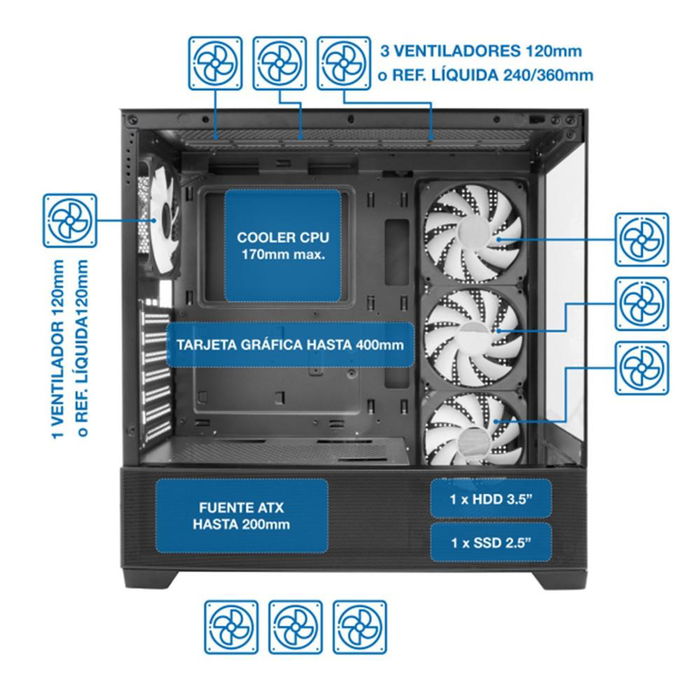 Coolbox GA250 Vision Torre ATX Gaming - Caja Ordenador Negro con Cristal Templado, 4 Ventiladores ARGB Infinity-12, Control de Iluminación, Soporte para Refrigeración Líquida