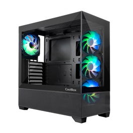 Coolbox GA250 Vision Torre ATX Gaming - Caja Ordenador Negro con Cristal Templado, 4 Ventiladores ARGB Infinity-12, Control de Iluminación, Soporte para Refrigeración Líquida