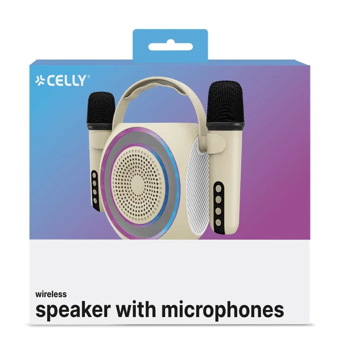 Celly PARTYMIC2 Altavoz Bluetooth Portátil para Karaoke con 2 Micrófonos Inalámbricos, Luces RGB, 6 W, Blanco