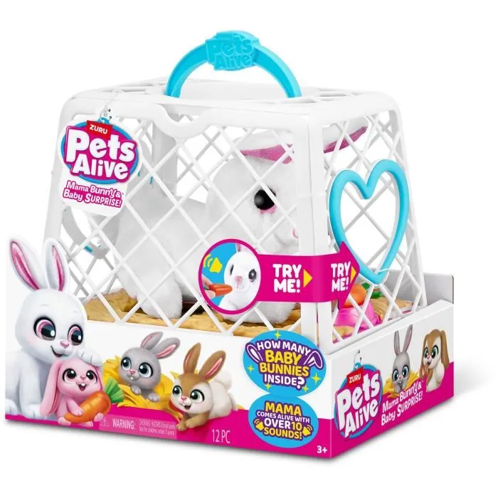 ZURU 4894680036413 Juego interactivo Mascotas Vivas Mamá Conejita y Bebé Sonoro con 10 Sonidos y Bebés Sorpresa