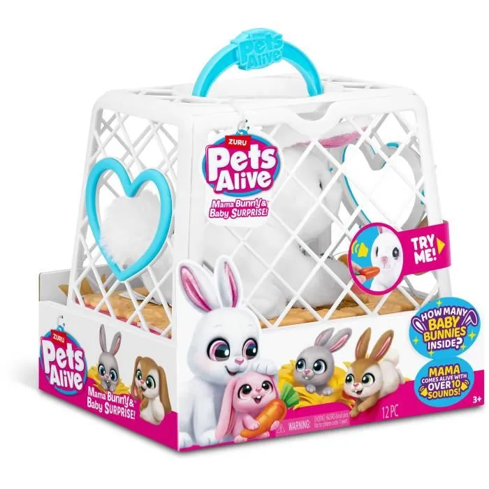 ZURU 4894680036413 Juego interactivo Mascotas Vivas Mamá Conejita y Bebé Sonoro con 10 Sonidos y Bebés Sorpresa