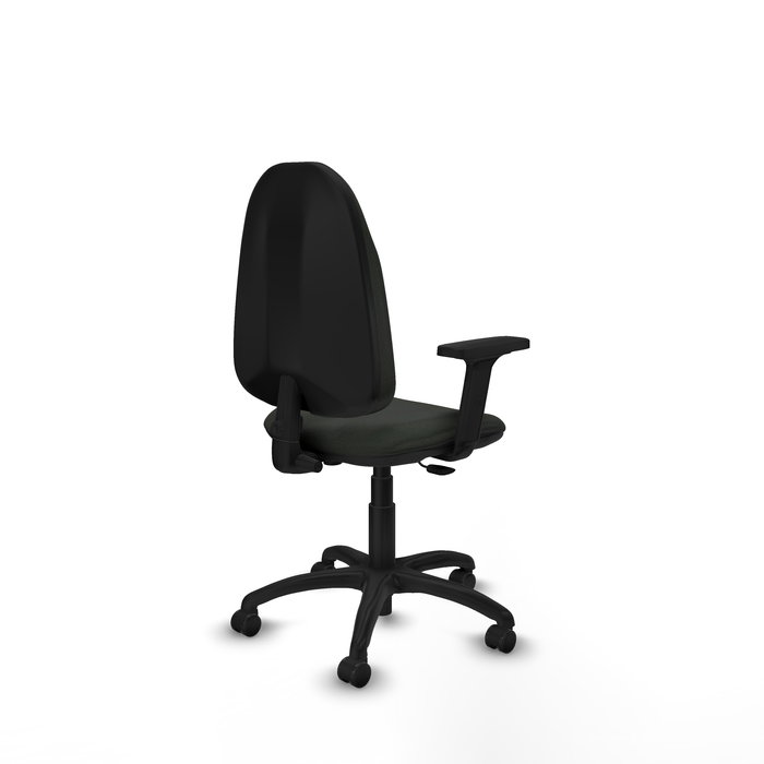 Silla de oficina Algarra con mecanismo Contacto permanente básico tapizada con Tela color Negro. Equipada con Base poliamida negra, Brazos 2D y Ruedas autofrenantes