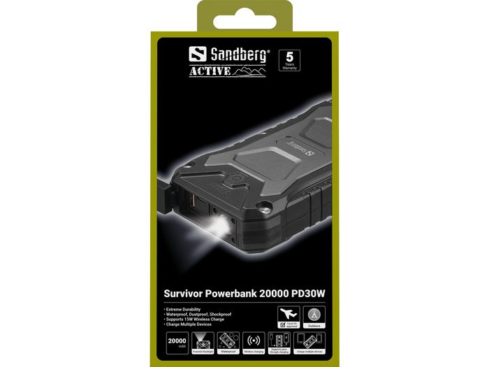 Sandberg Survivor 20000 mAh Powerbank IP66 Resistente Agua, Polvo, Golpes con Carga Inalámbrica 15W, USB-C 30W y QC 3.0 para Móviles Sandberg Survivor 20000 mAh Powerbank IP66 Resistente Agua, Polvo, Golpes con Carga Inalámbrica 15W, USB-C 30W y QC 3.0 para Móviles