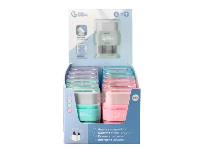 Liderpapel Goma de Borrar Rectangular con Protector Plástico y Sacapuntas 2 Usos Colores Surtidos