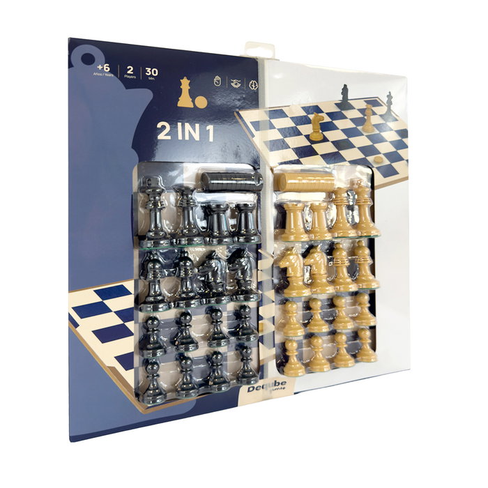 DEQUBE D00329 Set Ajedrez y Damas con Accesorios - Tablero, Piezas, Idioma Español/Inglés/Portugués, Edad +7 Años, Juego Estratégico
