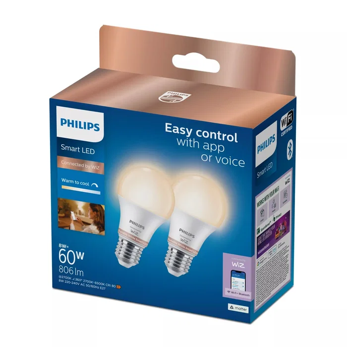 Philips Bombilla LED Inteligente Wi-Fi/Bluetooth A60 E27 8W (Equivalente 60W) - Blanco Mate, Regulable 2700-6500K, Clase F, PHI WFB 60W A60 E27 827-65 TW 2PF/6