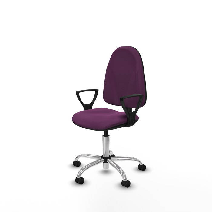 Silla de oficina Algarra con mecanismo Contacto permanente básico tapizada con Similpiel color Morado. Equipada con Base cromada, Brazos fijos y Ruedas de parqué