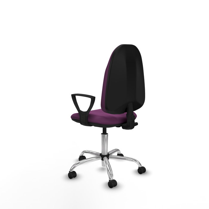 Silla de oficina Algarra con mecanismo Contacto permanente básico tapizada con Similpiel color Morado. Equipada con Base cromada, Brazos fijos y Ruedas de parqué