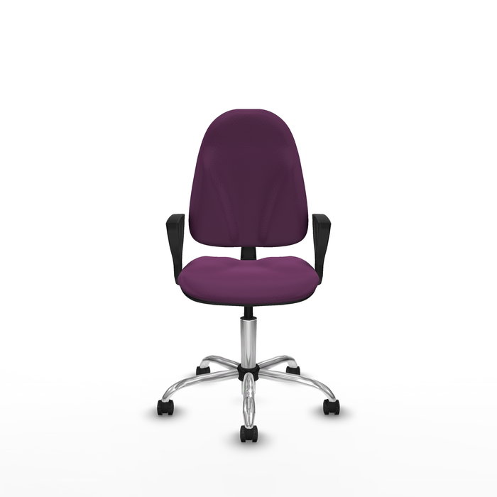 Silla de oficina Algarra con mecanismo Contacto permanente básico tapizada con Similpiel color Morado. Equipada con Base cromada, Brazos fijos y Ruedas de parqué