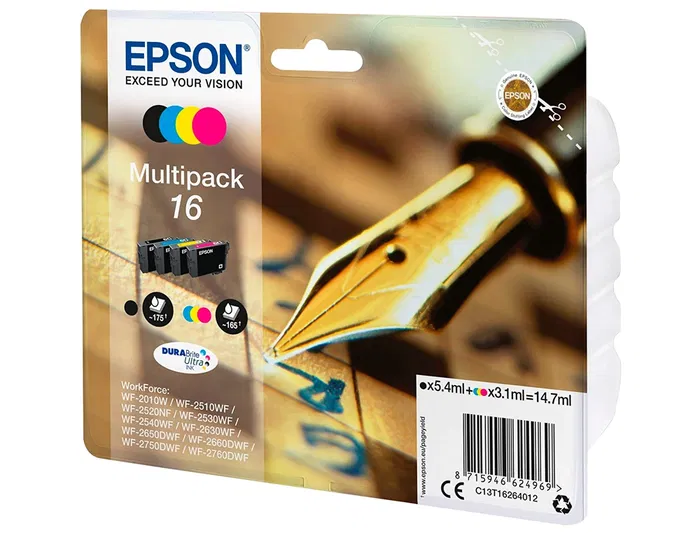 Epson 16 multipack T163B - Cartuchos de tinta originales para Epson Workforce WF-2010W, WF-2510WF, WF-2520NF, WF-2530WF, WF-2540WF - Negro, Amarillo, Cian, Magenta