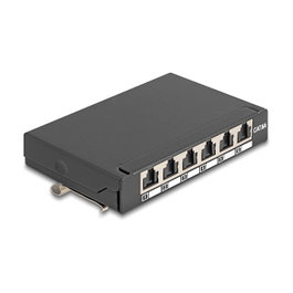 DeLOCK 90379 Patch Panel Mini Desktop 6 Puertos RJ45 Cat.6A Blindado, Color Negro, Montaje en Pared o Riel DIN