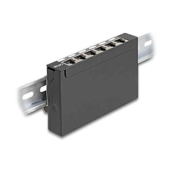 DeLOCK 90379 Patch Panel Mini Desktop 6 Puertos RJ45 Cat.6A Blindado, Color Negro, Montaje en Pared o Riel DIN