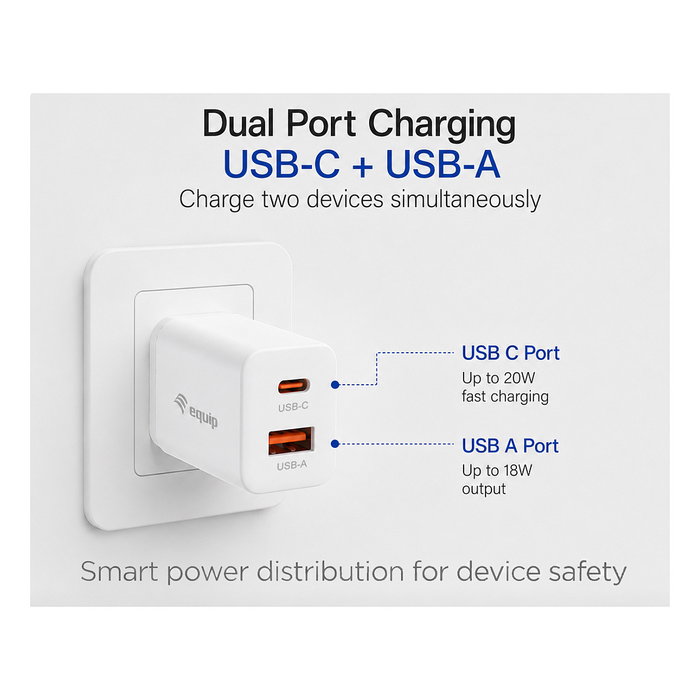 EQUIP Cargador 20W GaN con 2 Puertos USB-C PD3.0 y USB-A Blanco