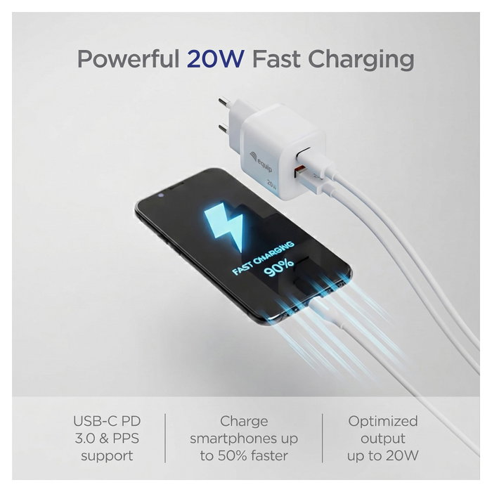 EQUIP Cargador 20W GaN con 2 Puertos USB-C PD3.0 y USB-A Blanco