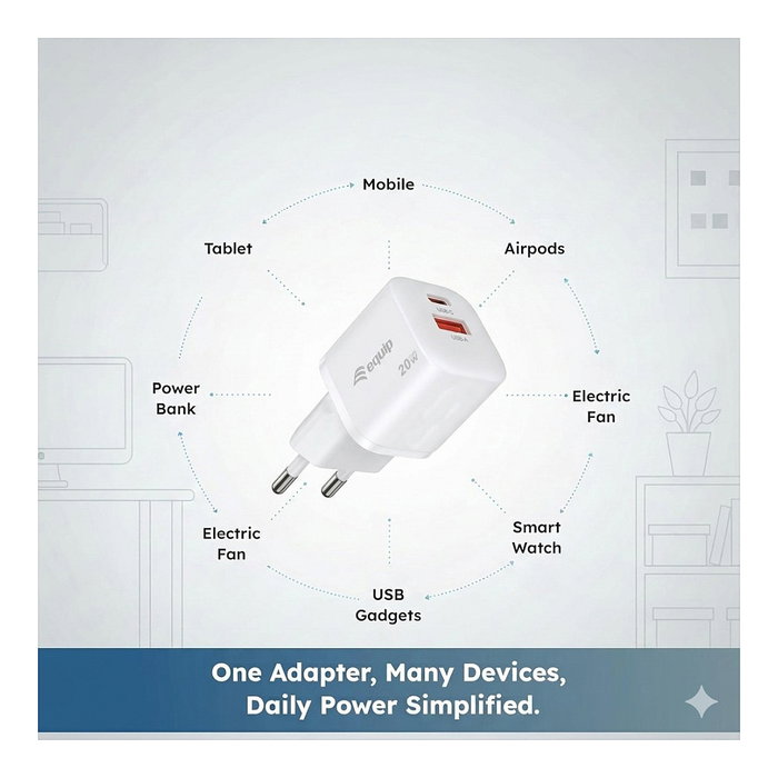EQUIP Cargador 20W GaN con 2 Puertos USB-C PD3.0 y USB-A Blanco