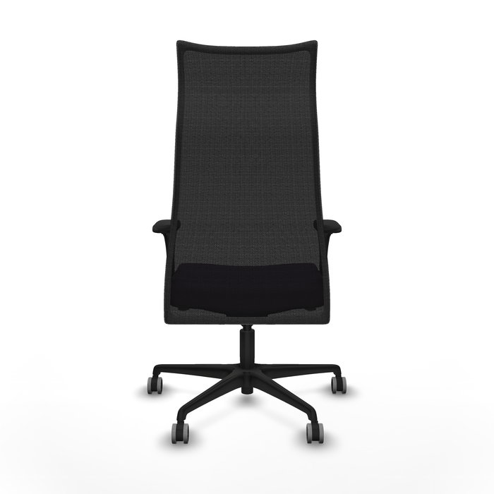 Sillón Albacete con mecanismo Sincro tapizada con Tela color Morado y malla color Negro. Equipado con Base nailon negra, Brazos 1D y Ruedas 65 mm parqué