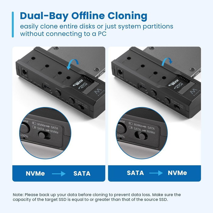 EWENT EW7065 Clonador Dual Bay SATA 2,5/3,5 a NVMe M.2 EWENT EW7065 Clonador Dual Bay SATA 2,5/3,5 a NVMe M.2
