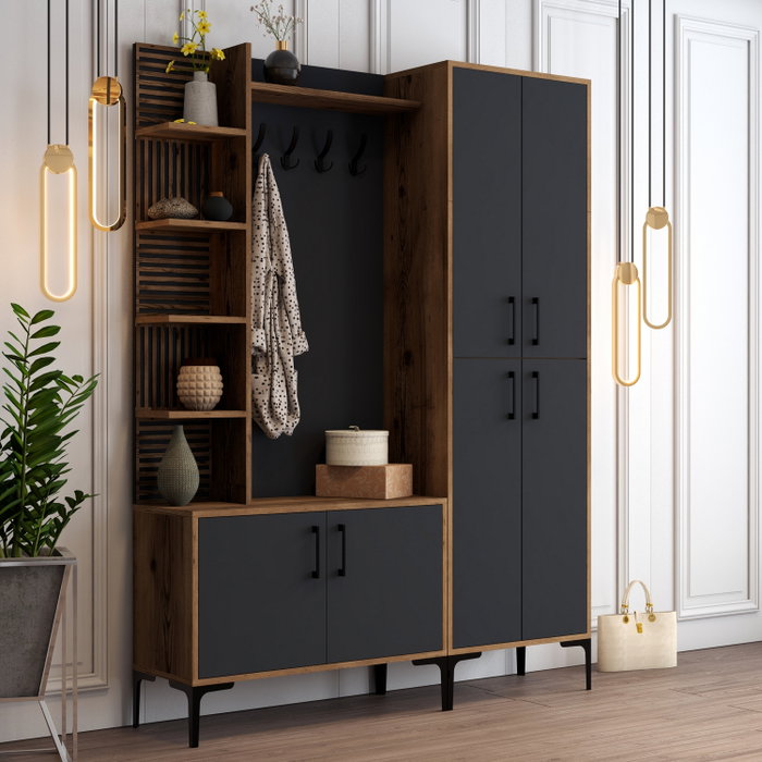 Hanah Home Recibidor Industrial Nogal y Antracita Diseño Elegante y Funcional para el Hogar