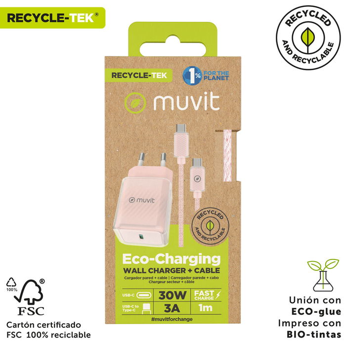 Cargador de Pared + Cable USB-C Muvit for Change Glass GaN Rosa Cargador de Pared + Cable USB-C Muvit for Change Glass GaN Rosa