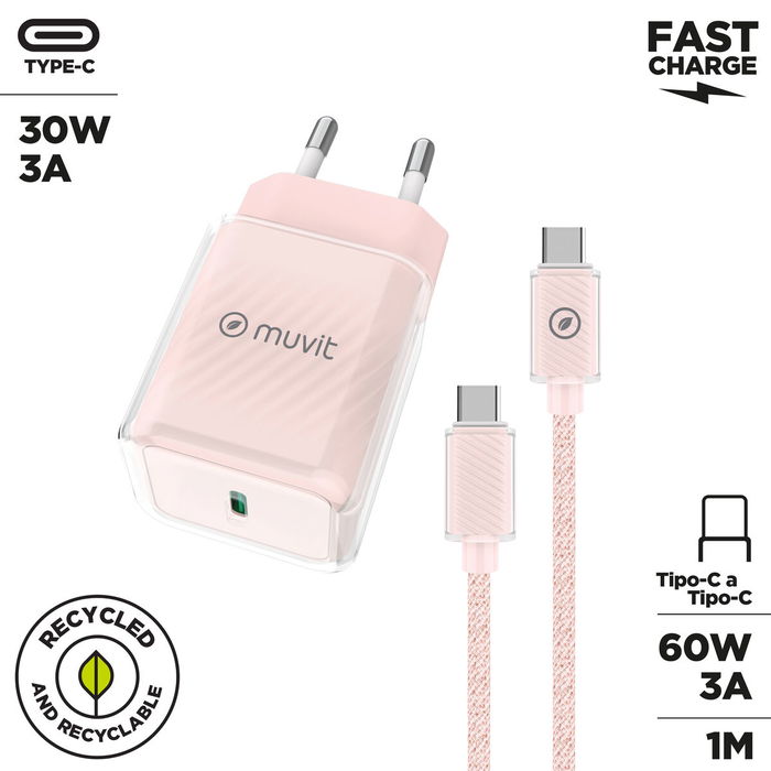 Cargador de Pared + Cable USB-C Muvit for Change Glass GaN Rosa Cargador de Pared + Cable USB-C Muvit for Change Glass GaN Rosa
