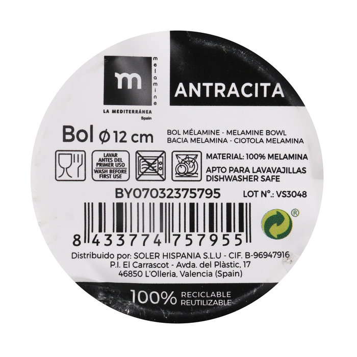 La Mediterranea Bol Melamina Antracita 12 cm 270 ml (24 Unidades) La Mediterranea Bol Melamina Antracita 12 cm 270 ml (24 Unidades)