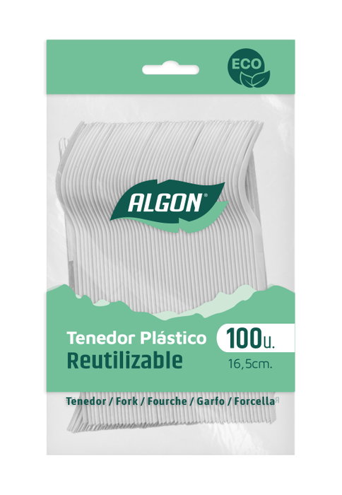 Algon Set 100 Tenedores Ecológicos 16.5 cm Cubiertos Reutilizables Plástico (20 Unidades)