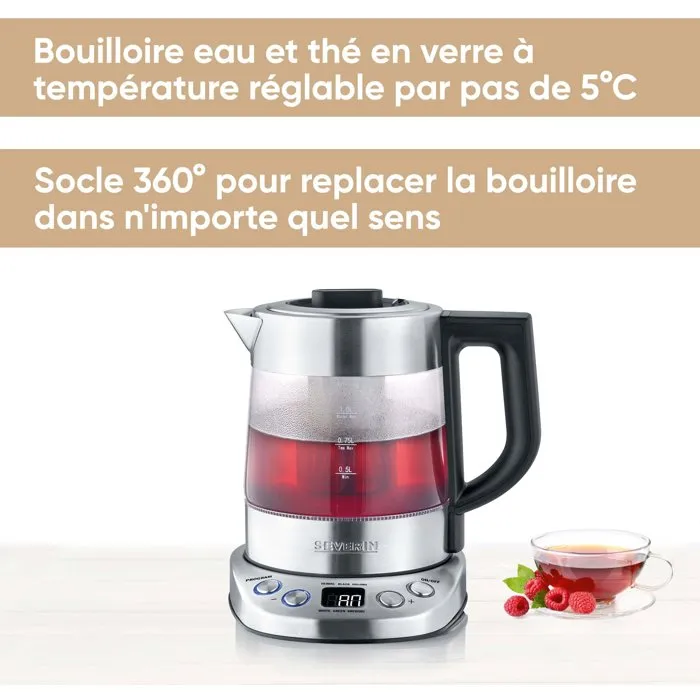 SEVERIN Hervidor de agua y té 1 L WK3473 2200 W 5 programas preparación temperatura y tiempo ajustables vidrio acero inoxidable