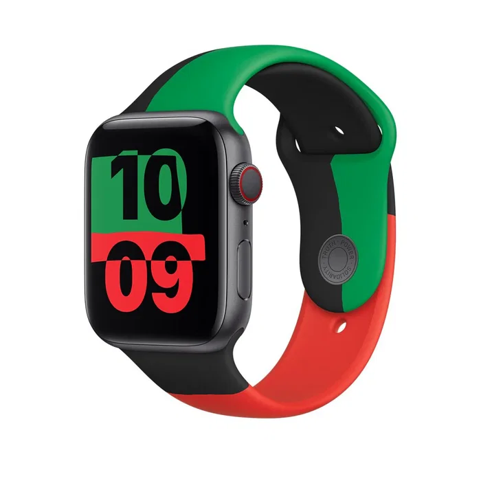 Apple MUQ73ZM/A Correa Black Unity Sport Band para Apple Watch Series 44mm - Fluoroelastómero Negro Verde Rojo, Talla S/M (140-190mm)