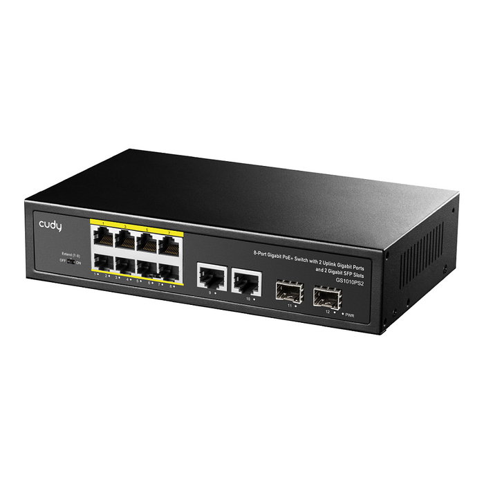 Cudy GS1010PS2 Switch Gigabit Ethernet No Administrado 8 Puertos PoE+ de 30W y 2 SFP, 24 Gbit/s, Montaje en Rack, Negro