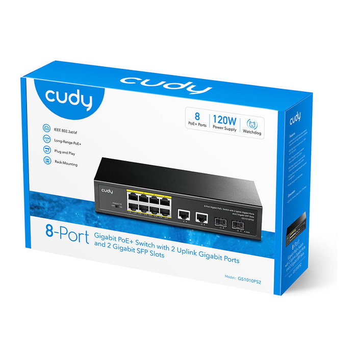 Cudy GS1010PS2 Switch Gigabit Ethernet No Administrado 8 Puertos PoE+ de 30W y 2 SFP, 24 Gbit/s, Montaje en Rack, Negro