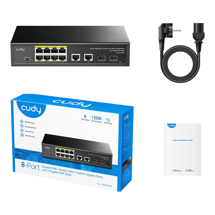 Cudy GS1010PS2 Switch Gigabit Ethernet No Administrado 8 Puertos PoE+ de 30W y 2 SFP, 24 Gbit/s, Montaje en Rack, Negro