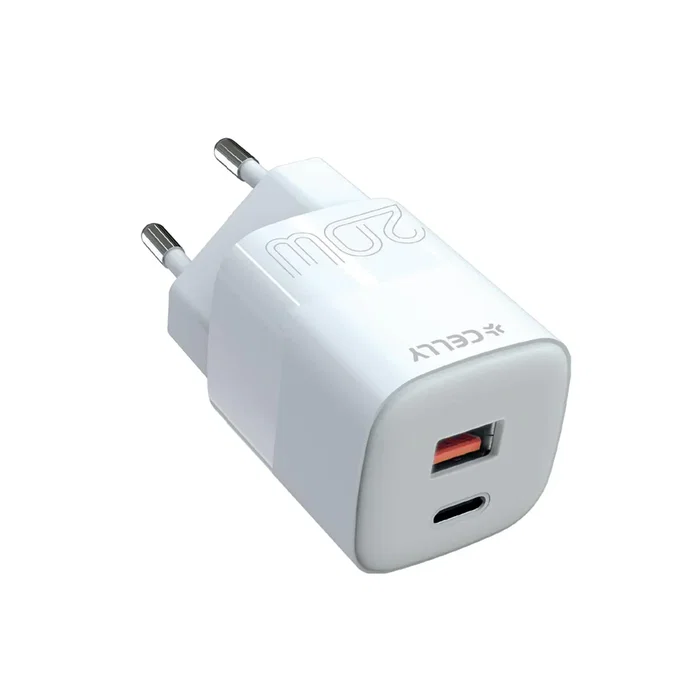 Celly TC2USBUSBC20EVO Cargador de Pared GaN 20W, 1 Puerto USB-C y 1 USB-A, Carga Rápida Universal, Blanco, 110-240V