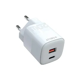 Celly TC2USBUSBC20EVO Cargador de Pared GaN 20W, 1 Puerto USB-C y 1 USB-A, Carga Rápida Universal, Blanco, 110-240V