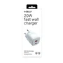 Celly TC2USBUSBC20EVO Cargador de Pared GaN 20W, 1 Puerto USB-C y 1 USB-A, Carga Rápida Universal, Blanco, 110-240V