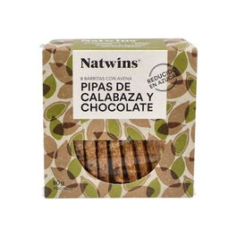 NATWINS Barritas de Semillas de Calabaza y Chocolate 80Gr. Barritas de Cereales con semillas de Calabaza, chocolate y pasas. Sin azúcar añadido.